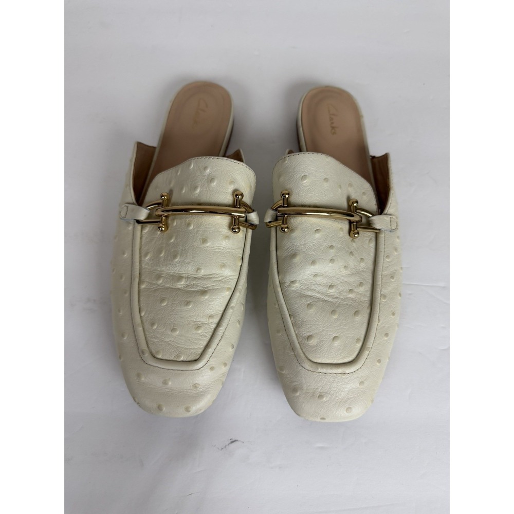 Clarks Off White Ostrich Print Mule Leather Loafers with Gold Hardware Sz 8.5M